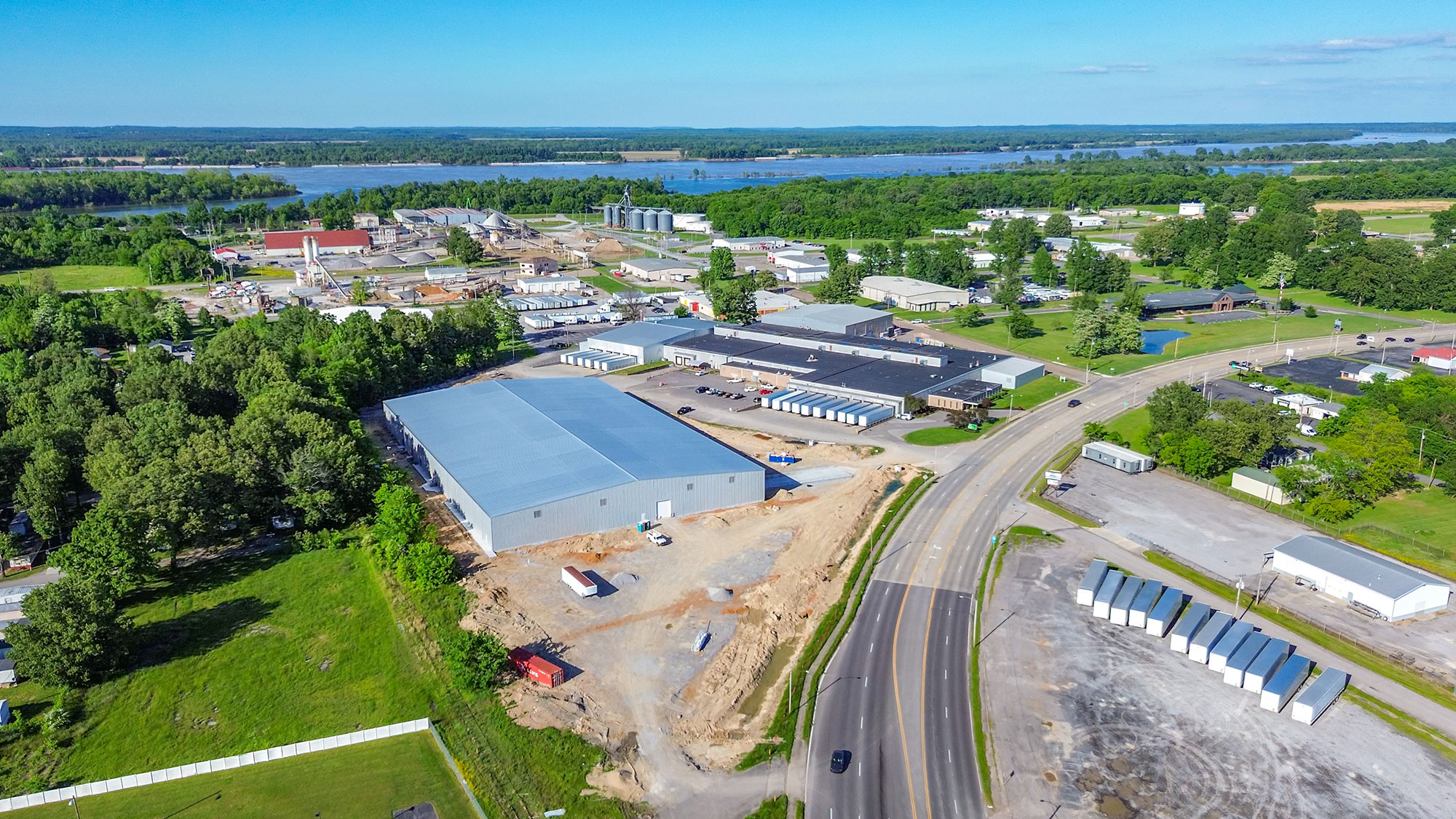 overhead view of the ViWinTech complex with highway in foreground and Ohio river in the background